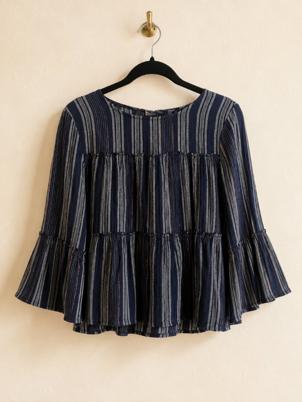 Blue Rain Navy Metallic Stripe Tiered Boho Bell Sleeve Blouse Small